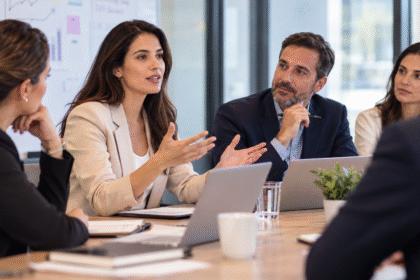 Profesionales reunidos para analizar propuestas y tomar decisiones en equipo.