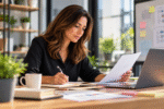 Mujer profesional trabajando en la adopción de IA en su empresa.