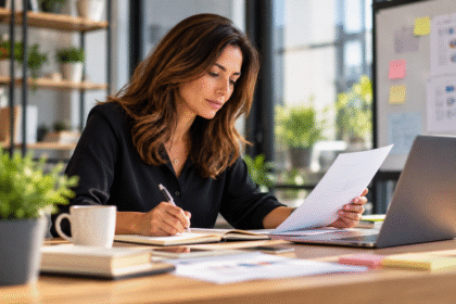 Mujer profesional trabajando en la adopción de IA en su empresa.